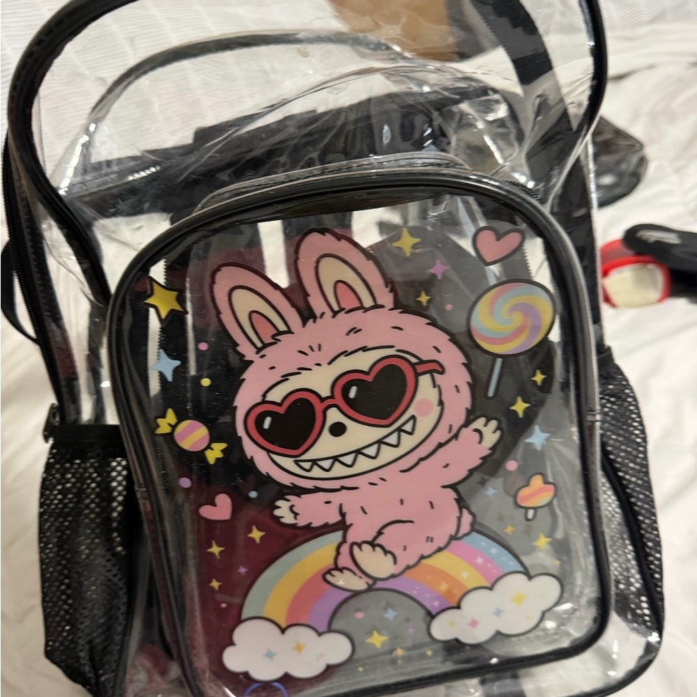 Pink Bunny Clear Mini Backpack with Rainbow Graphic